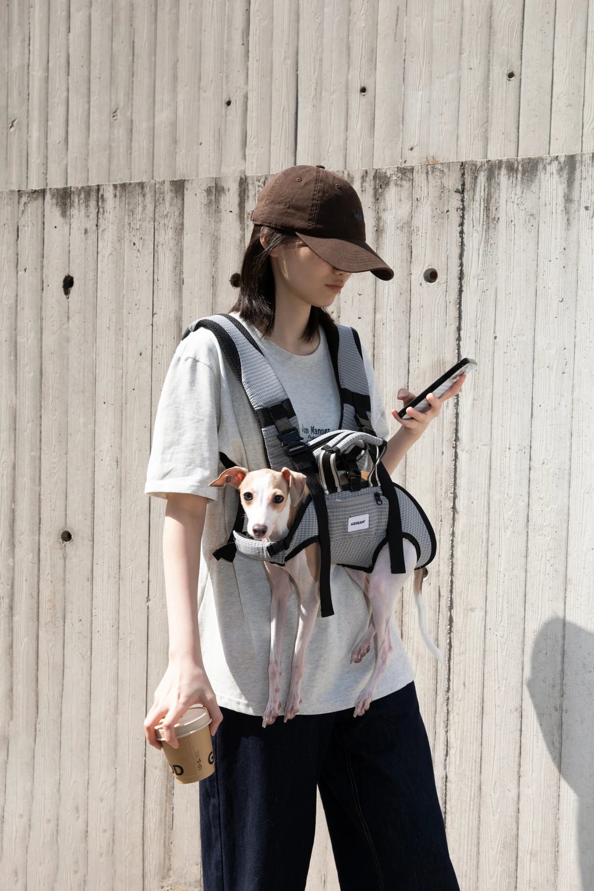 Owner wearing the Gray Check carrier with a dog outdoors