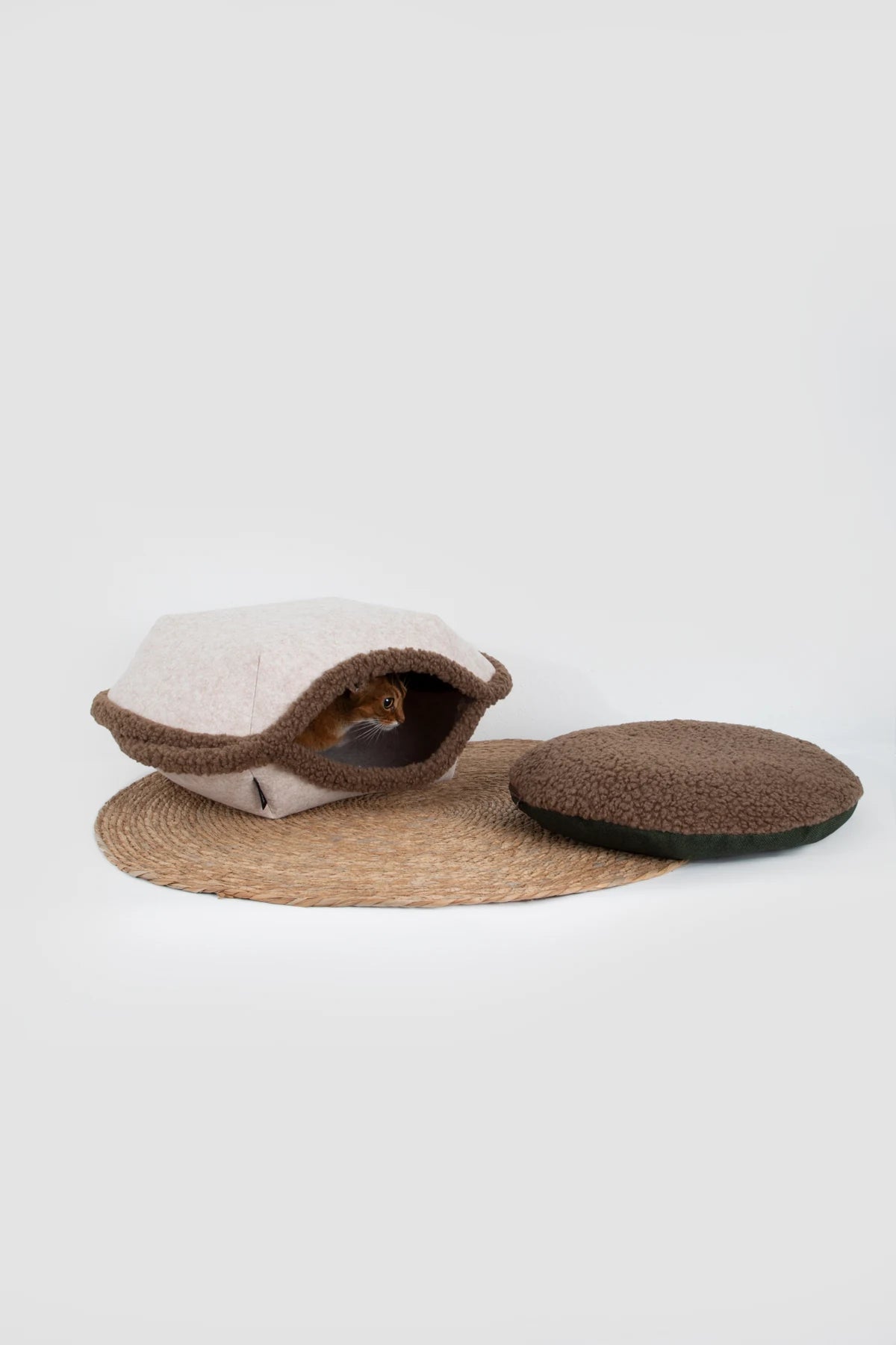 Tart bed shell with its one round cushion beside it