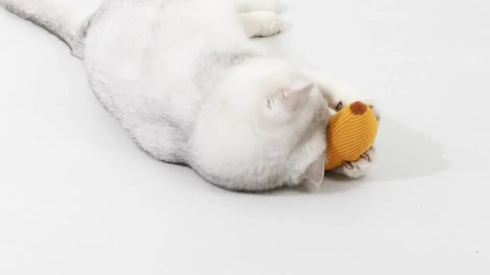 A cat rolling onto its side to play with a small knitted toy