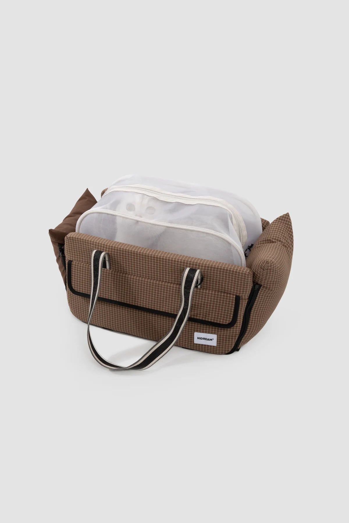 Brown Check carrier with mesh cover raised