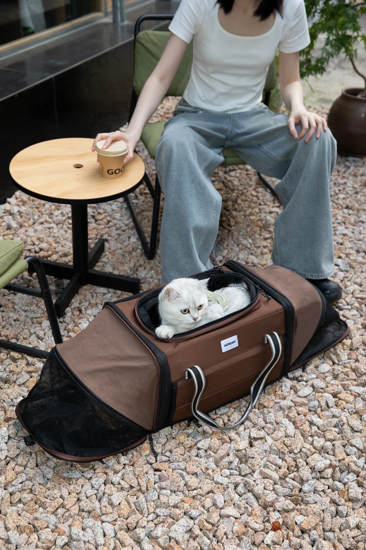 Owner sitting beside the expanded carrier at an outdoor table
