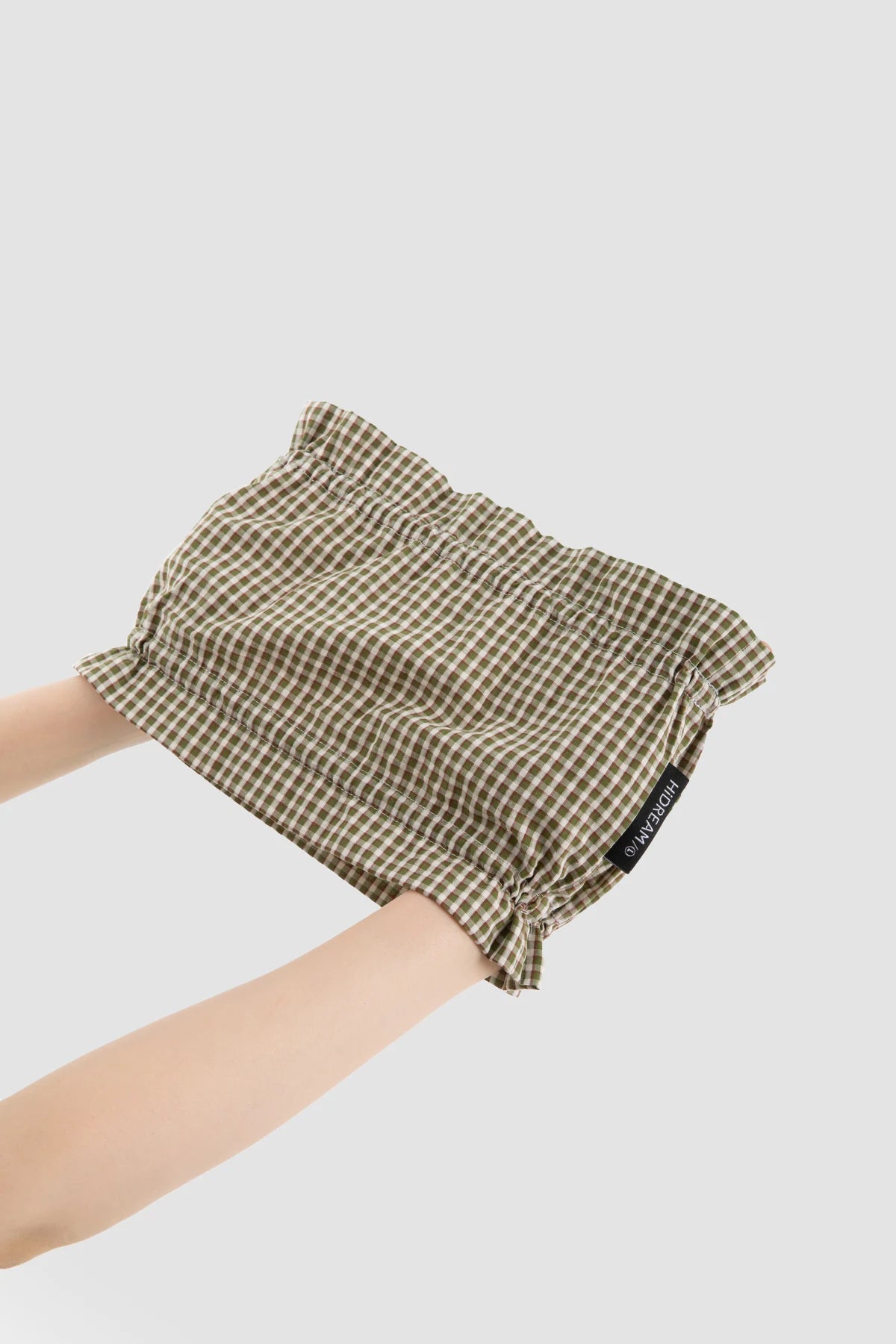 Moss Green Check snood opening gently stretched by hand