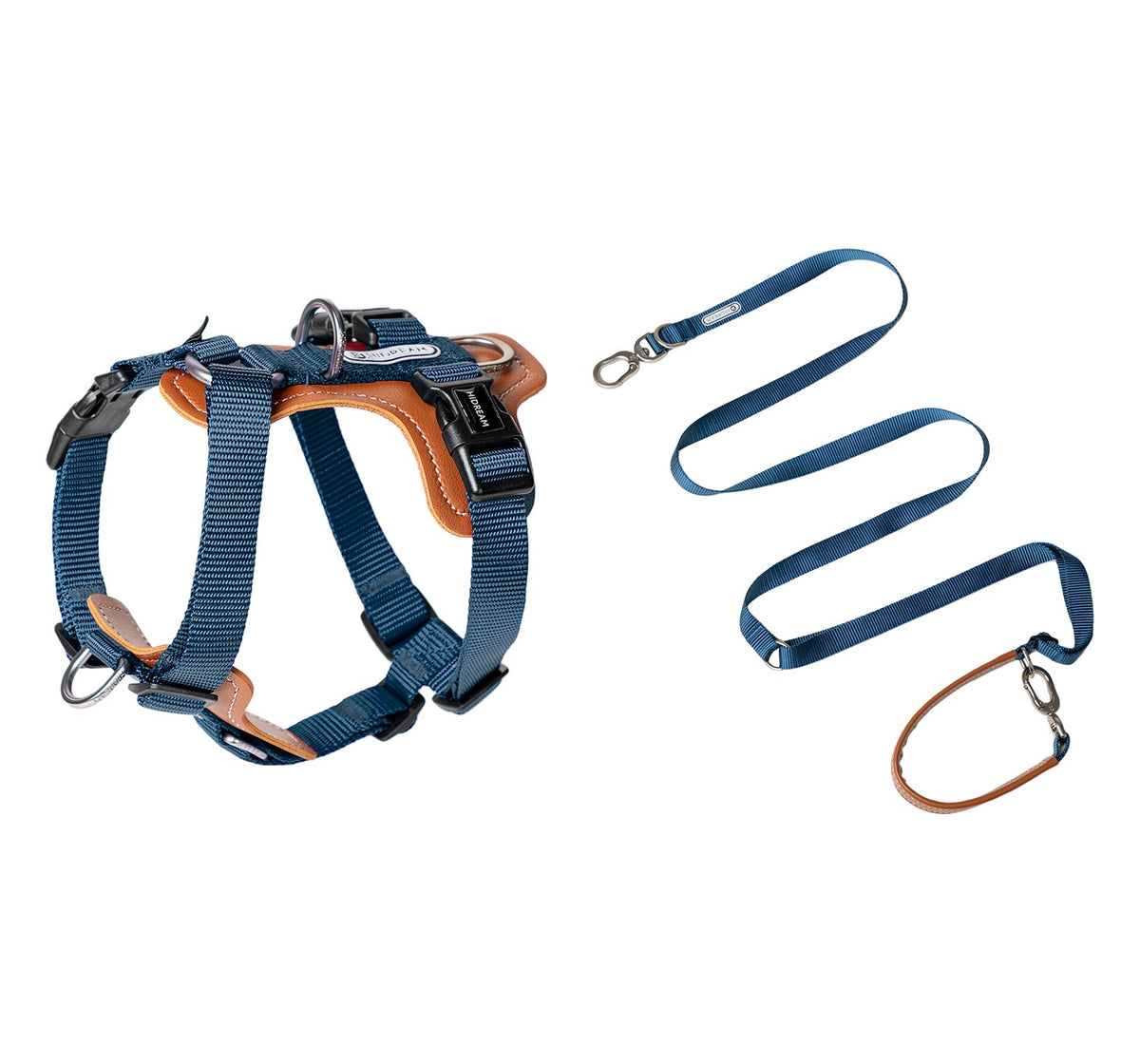Bobo dog harness and matching crossbody leash set in blue