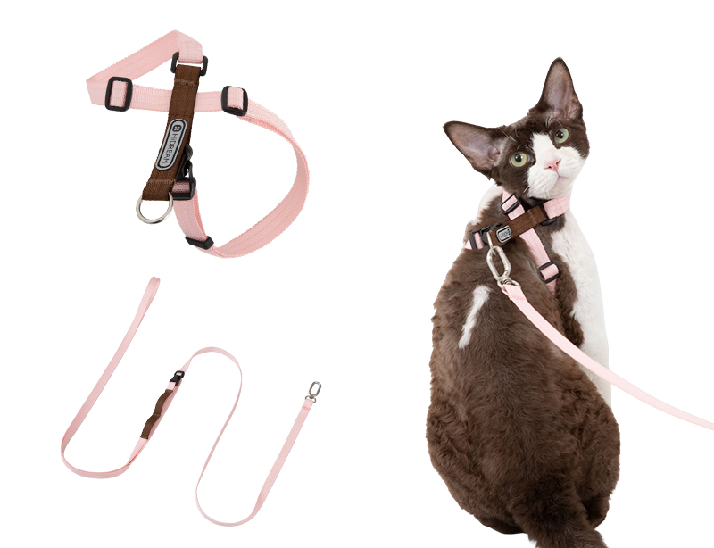 Figure-8 cat harness and matching leash set in rose pink
