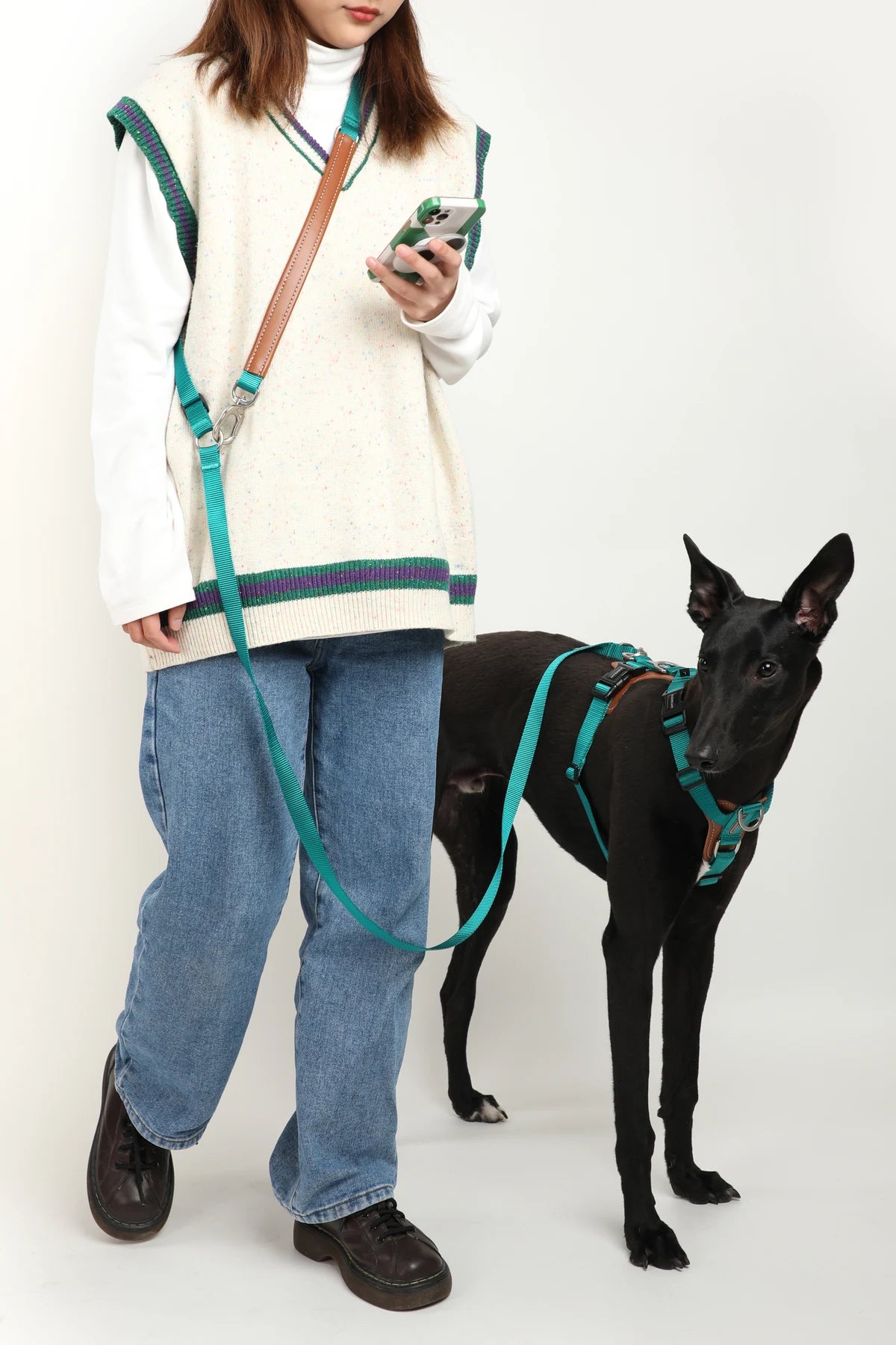 Aden Green Bobo harness and leash shown on a dog with crossbody handling