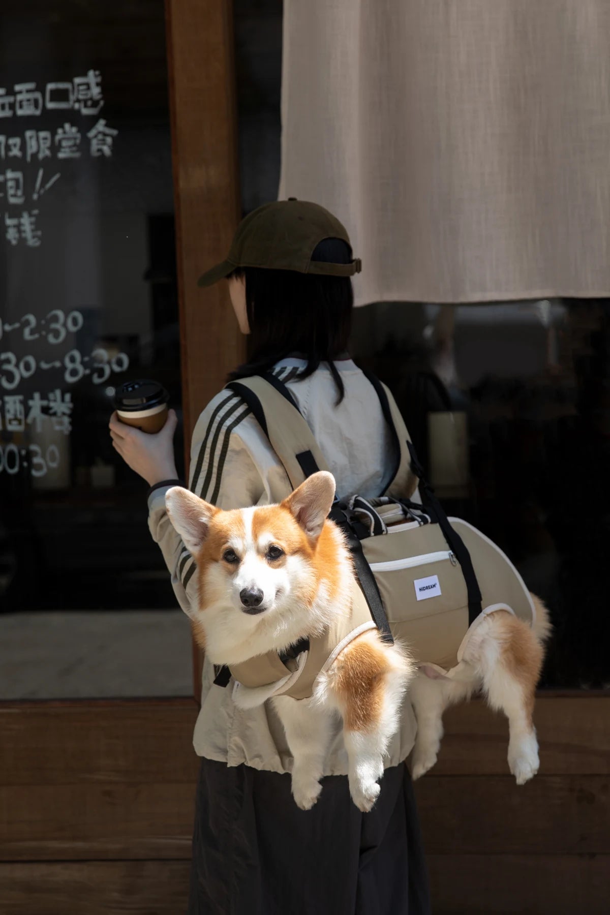 Side view of a dog carried horizontally in the Brown carrier