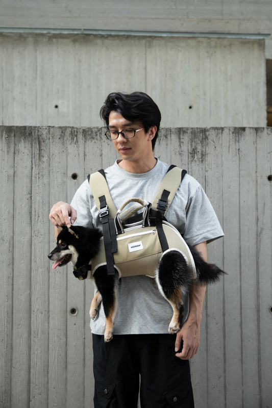 Deep Moss Green carrier worn in front with a dog