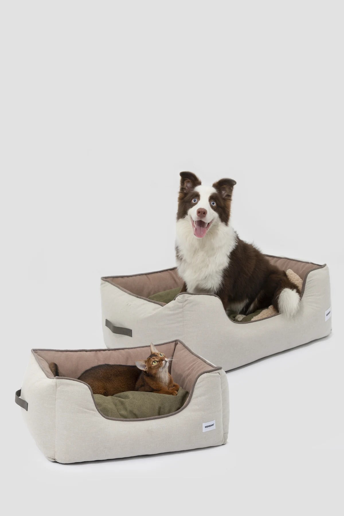 Two bed sizes shown with pets; each sold separately