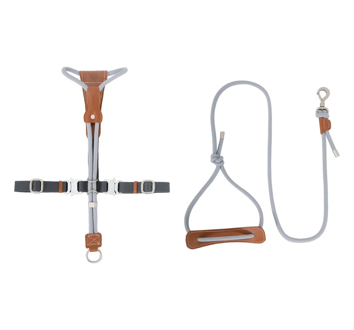 Rope dog harness and matching leash set in buckwheat gray
