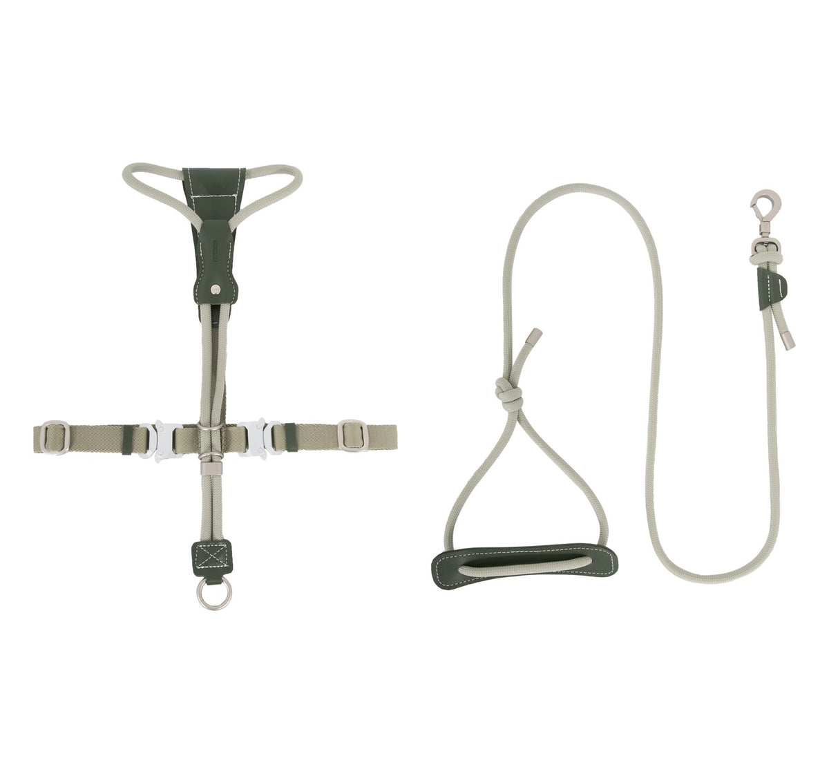 Rope dog harness and matching leash set in olive green