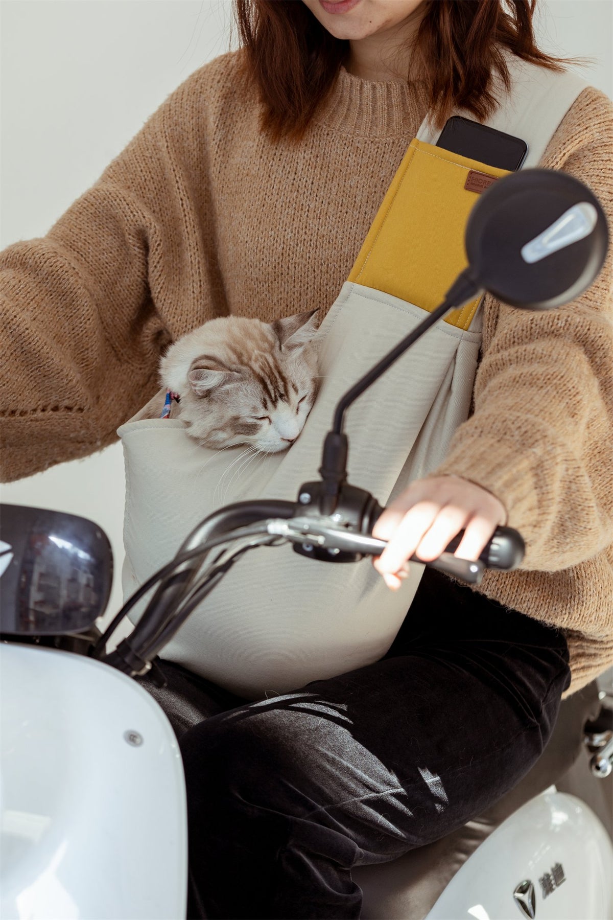 Cat in the pet sling while its owner sits on a scooter