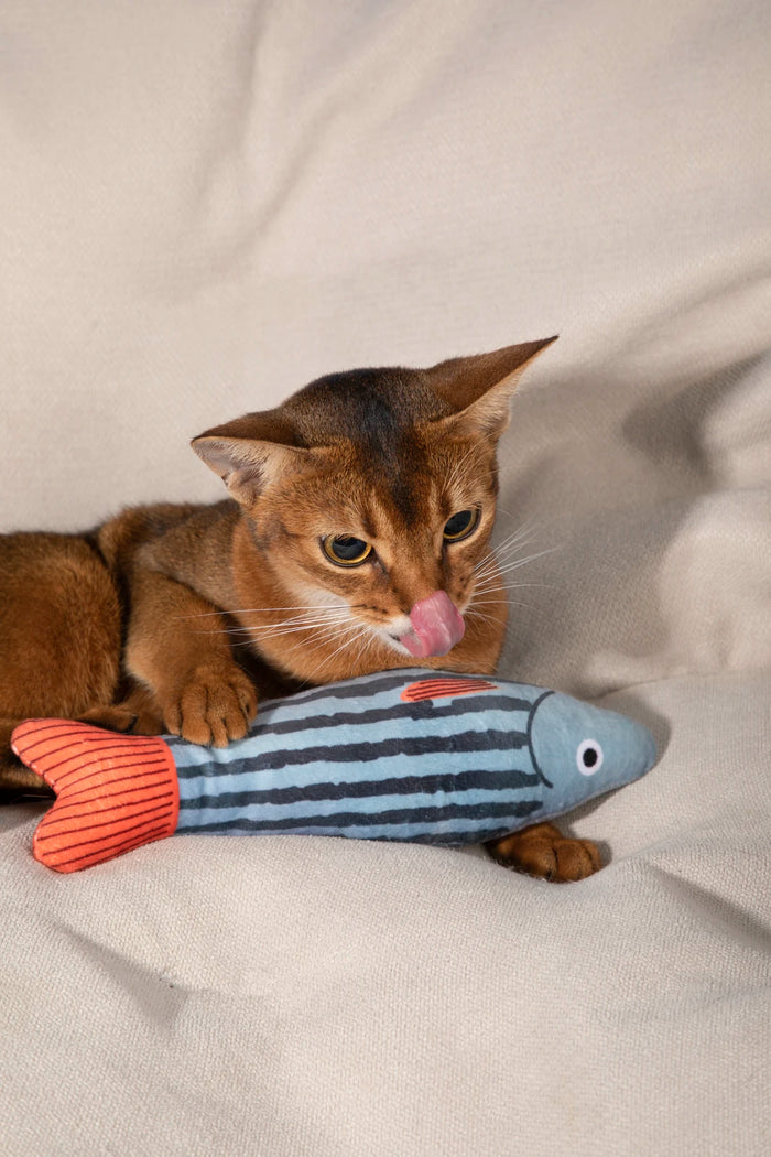 A cat holding the blue striped fish toy between its paws on a fabric seat