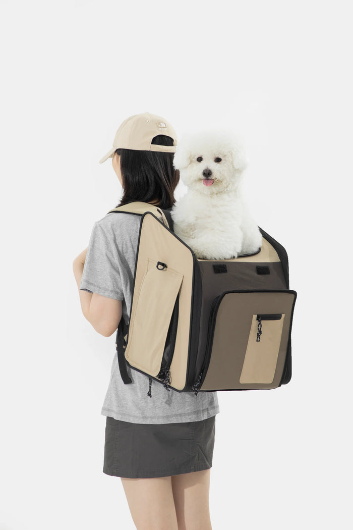 A person wearing the Beige Double Tent backpack with a white dog looking out of the top opening