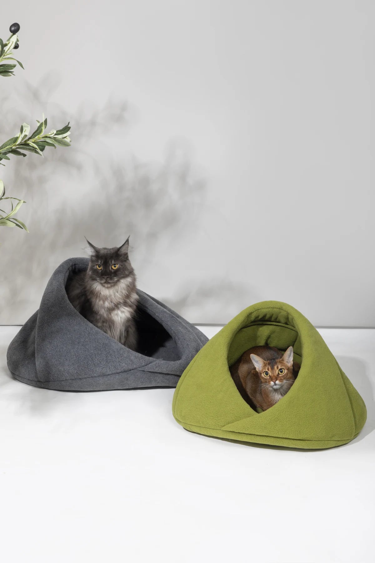 Charcoal and Matcha Green hideaway beds with cats; each bed is sold separately